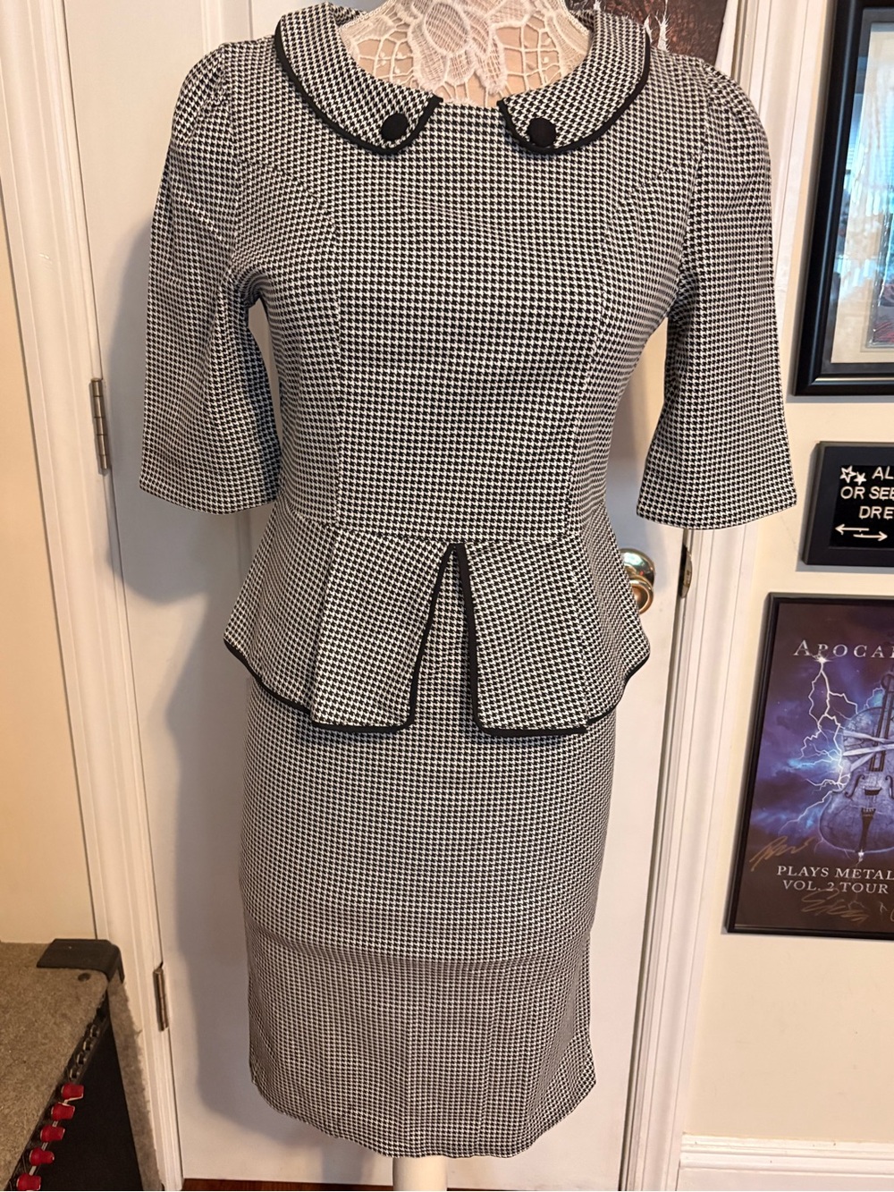 Vintage Inspired Houndstooth Peplum Pencil Dress Peter Pan Collar NWT Size Large